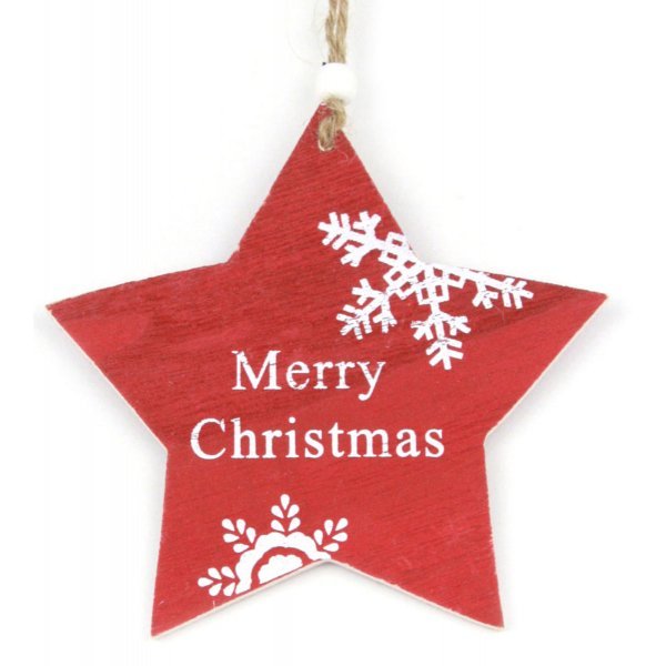Χριστουγεννιάτικο Ξύλινο Αστεράκι, Κόκκινο με Χιονονιφάδα και "Merry Christmas" (14cm)